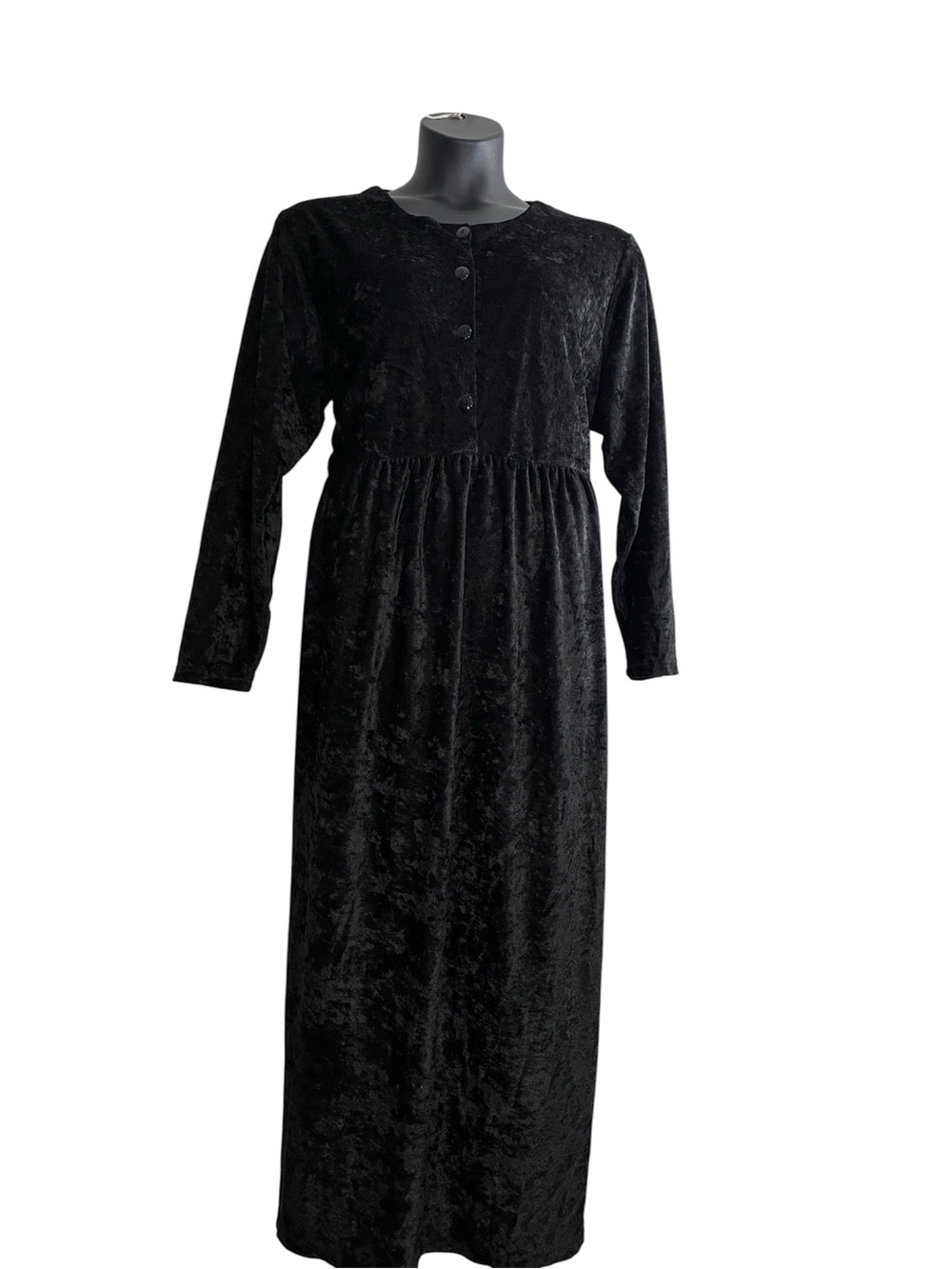 Vintage Women's Black Crushed Velvet Midi Dress with Button Bodice